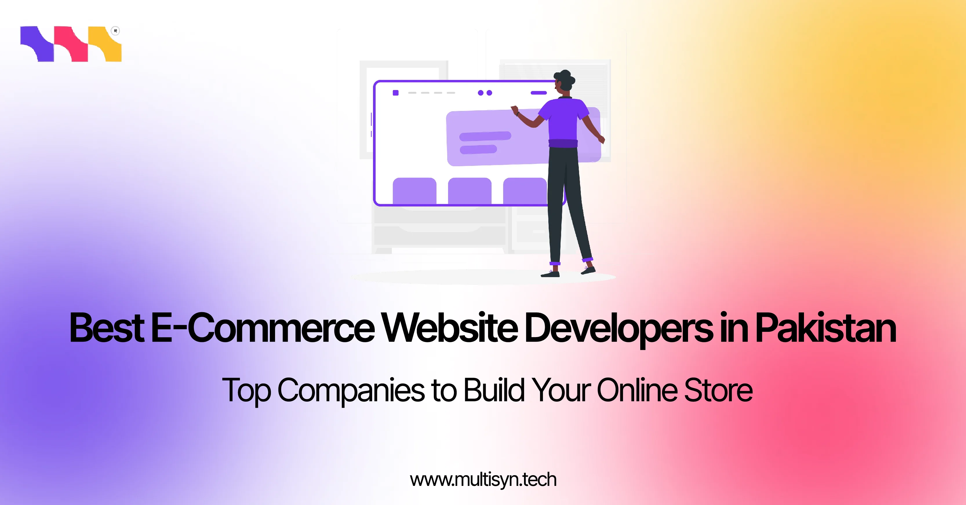 Illustration of a developer building an e-commerce website, representing top e-commerce website development companies in Pakistan.